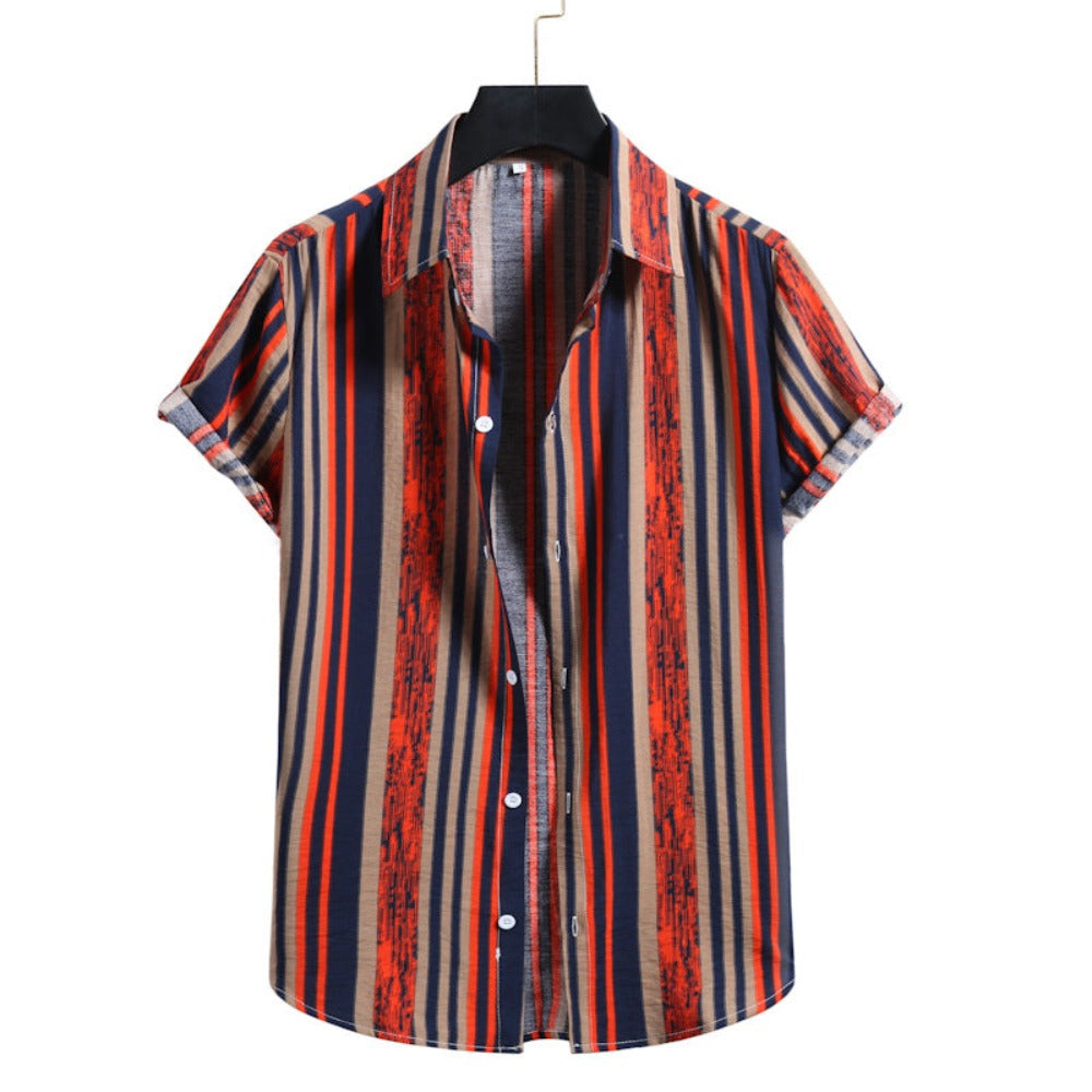 Men's Striped Colorful Short-sleeve Cotton Shirt