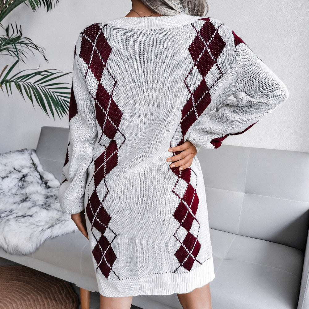 Wide Collar Diamond Sweater Dress