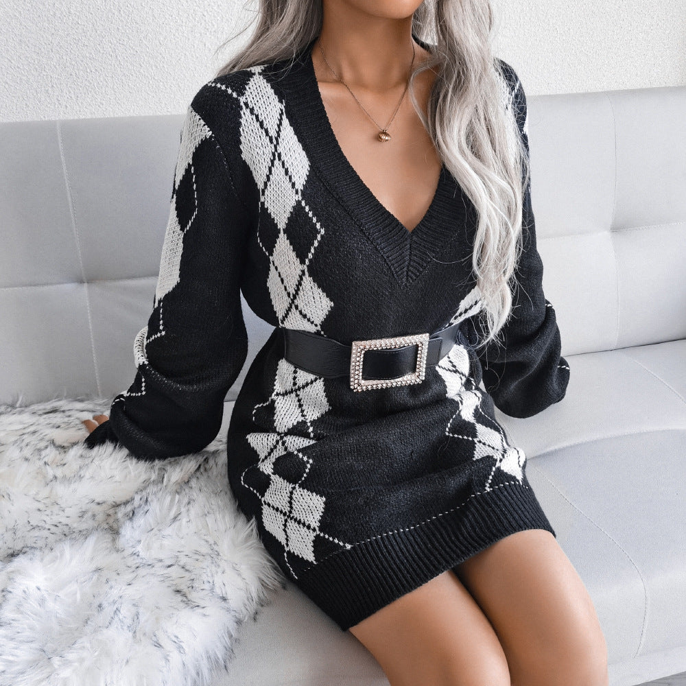 Wide Collar Diamond Sweater Dress