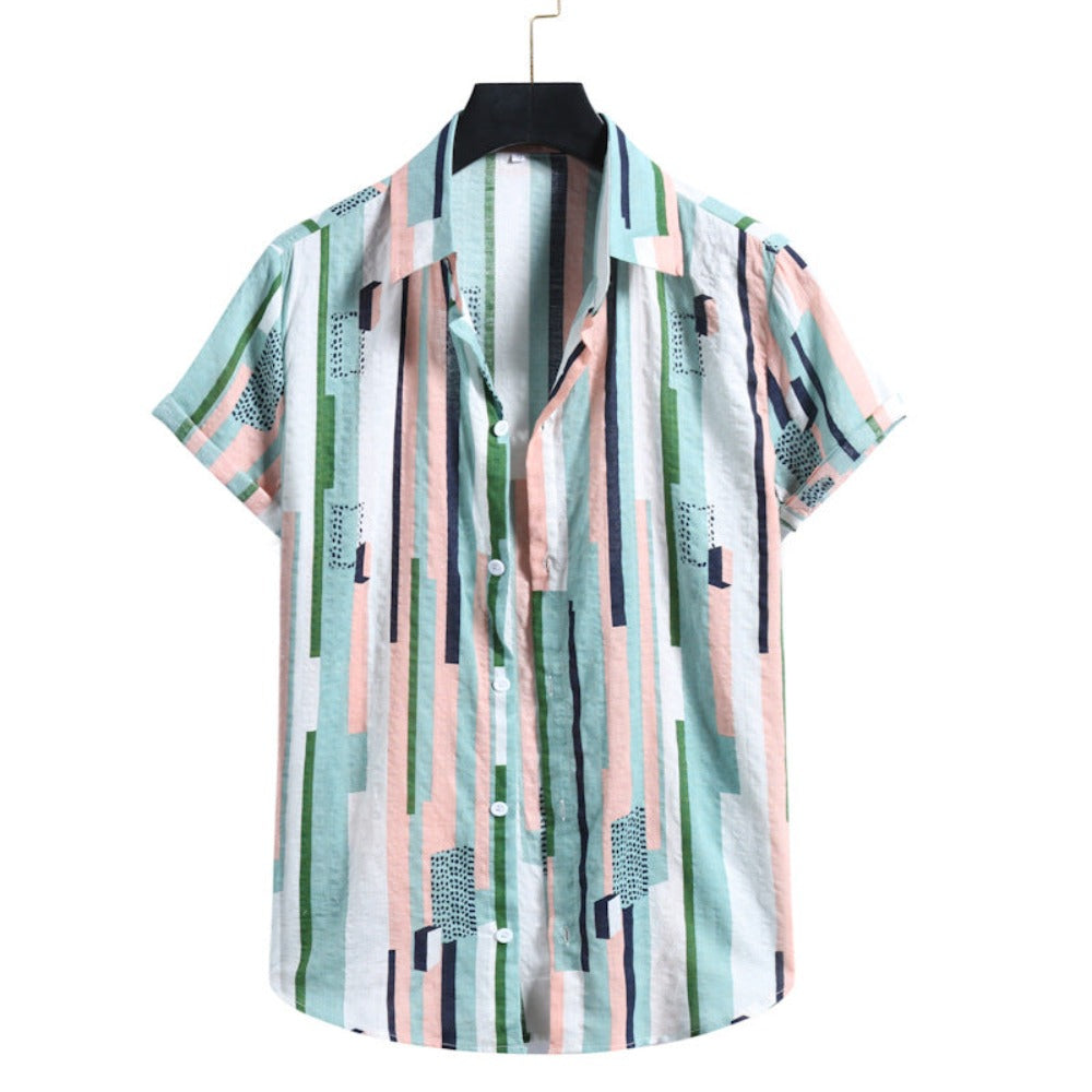 Men's Striped Colorful Short-sleeve Cotton Shirt