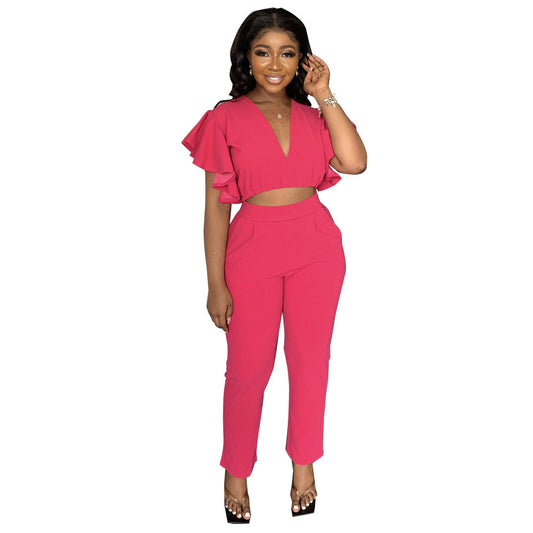 Women's Fashion Deep V Slight Midriff Baring Top Straight Leg Pants Casual Two-piece Suit