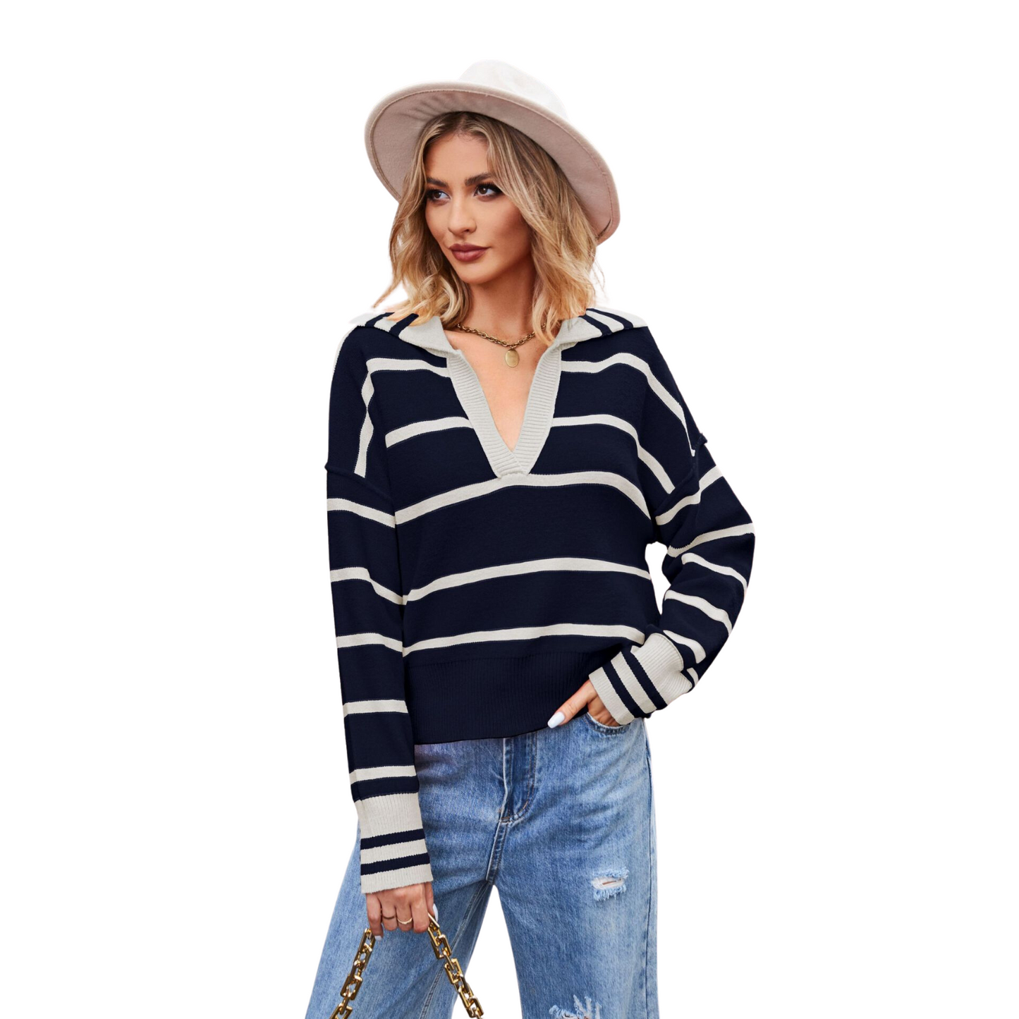 Women's Fashion Patchwork Striped Lapel Long-Sleeved Loose Sweater