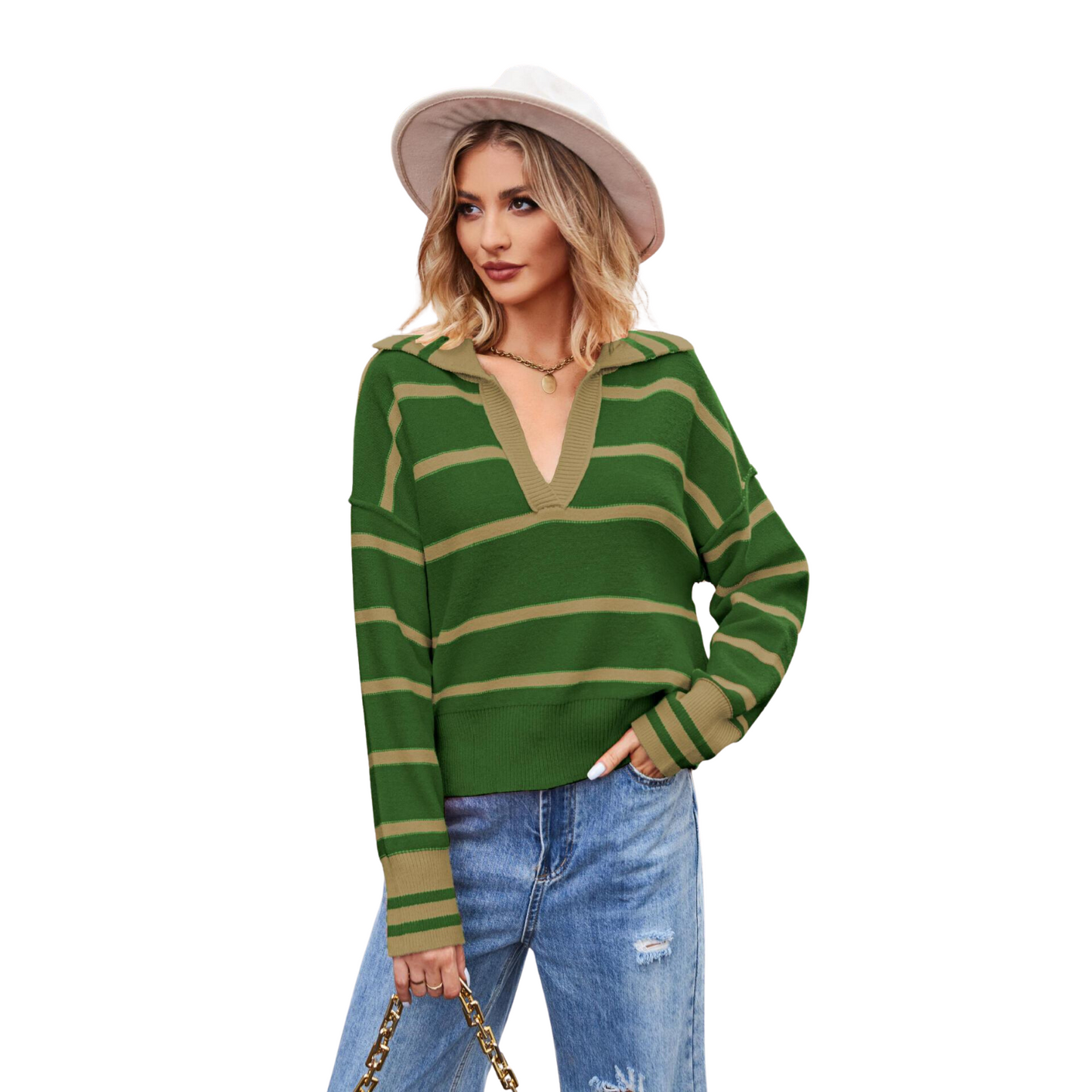 Women's Fashion Patchwork Striped Lapel Long-Sleeved Loose Sweater