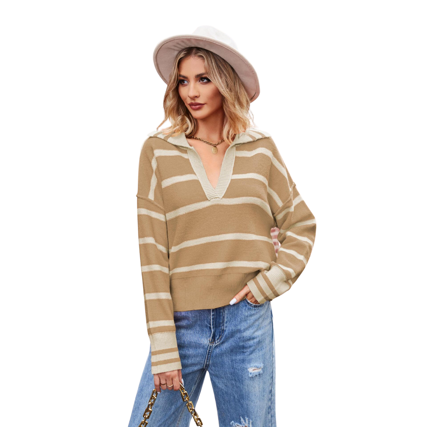 Women's Fashion Patchwork Striped Lapel Long-Sleeved Loose Sweater