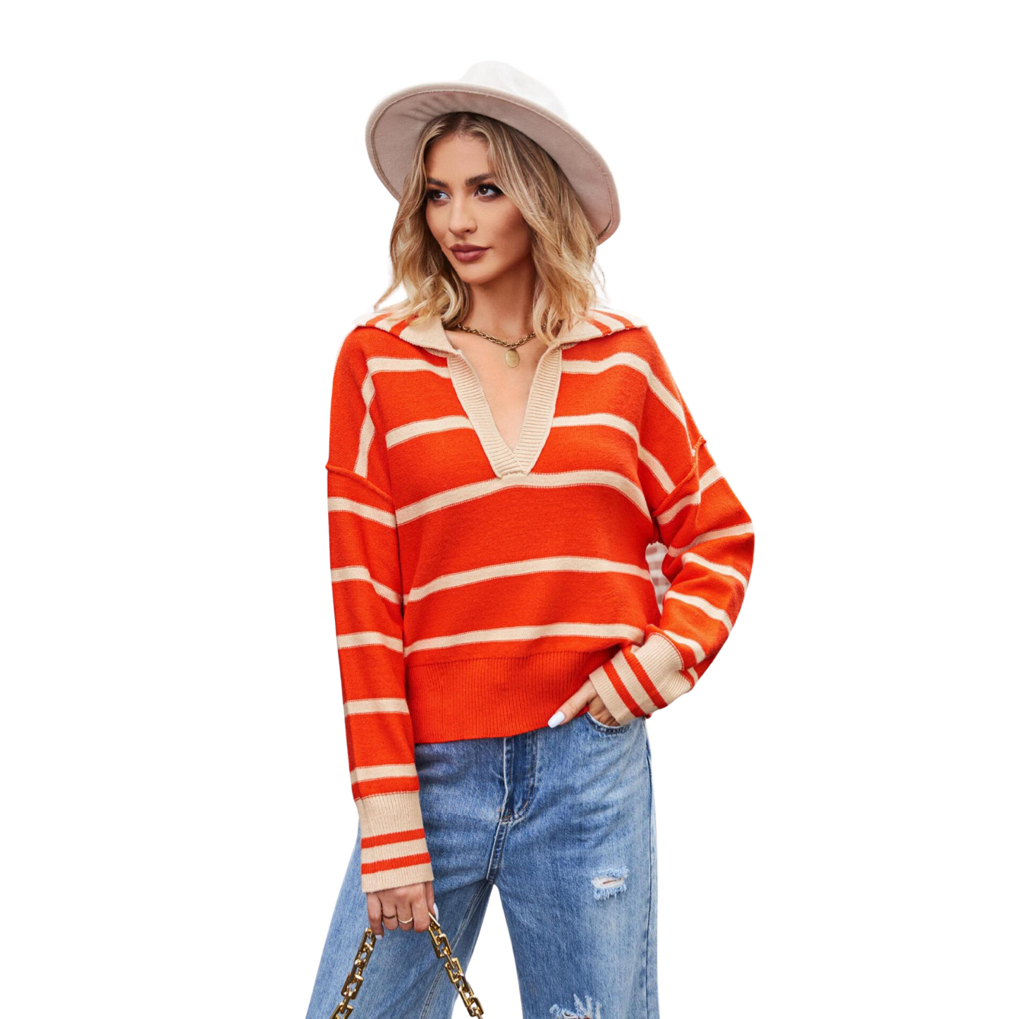 Women's Fashion Patchwork Striped Lapel Long-Sleeved Loose Sweater