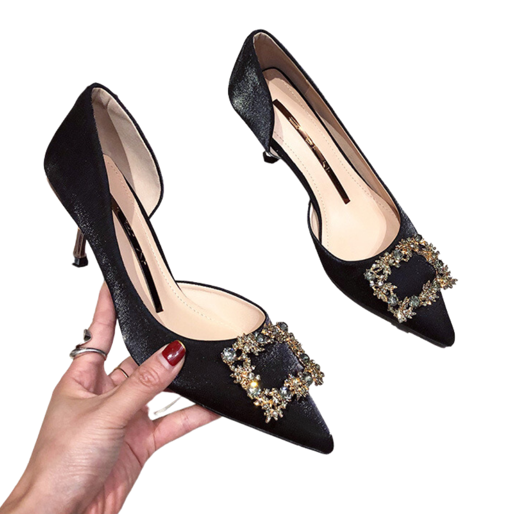 Women's Pointy Toe Shoes with Rhinestones and Hollow Side