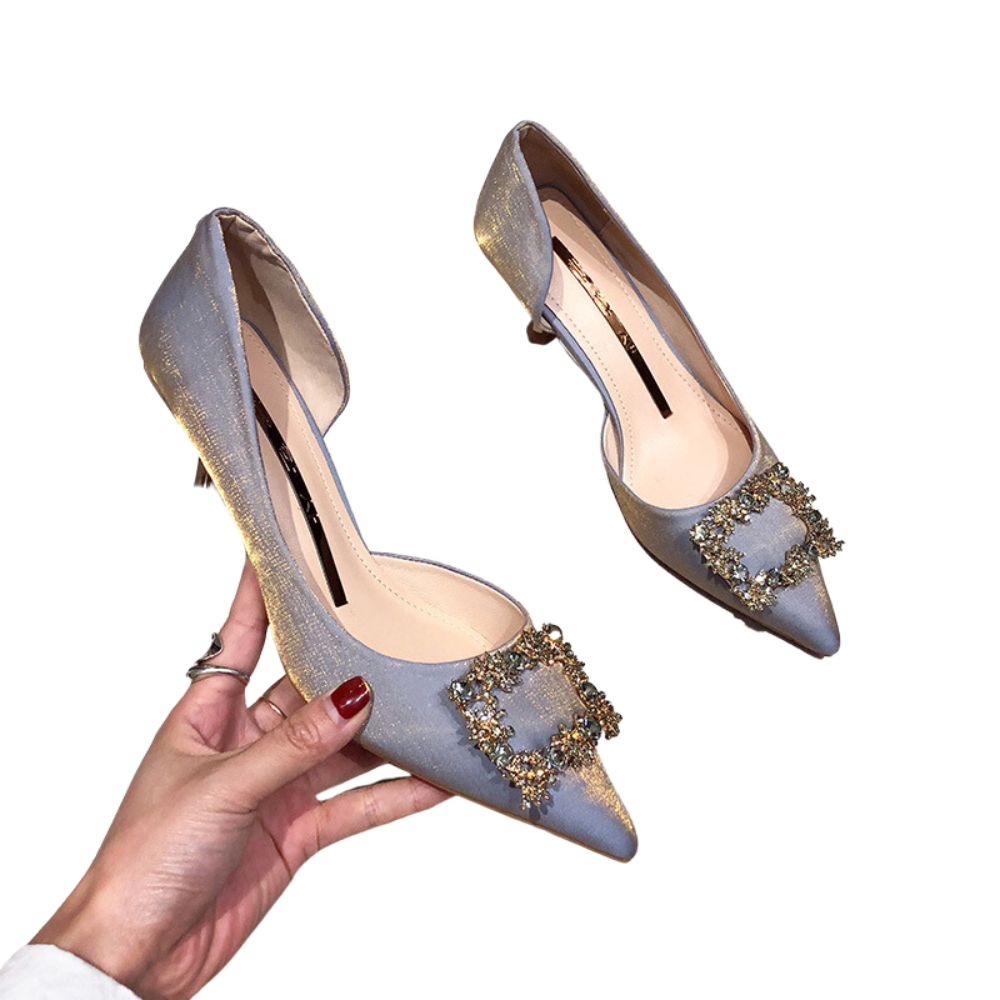 Women's Pointy Toe Shoes with Rhinestones and Hollow Side