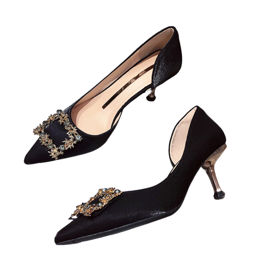 Women's Pointy Toe Shoes with Rhinestones and Hollow Side