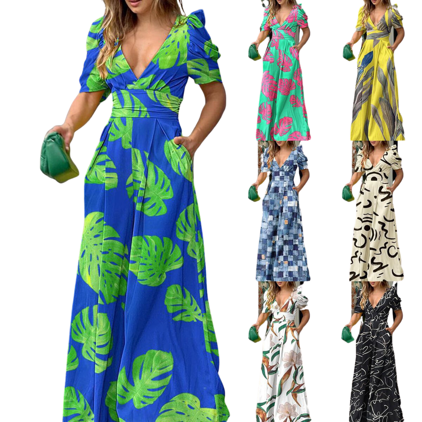 Women's Printed Deep V High Waist Wide Leg Jumpsuit