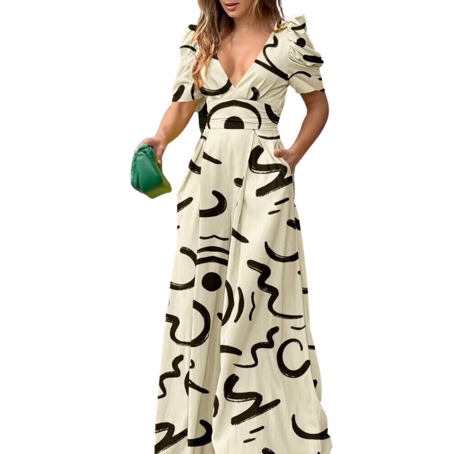 Women's Printed Deep V High Waist Wide Leg Jumpsuit