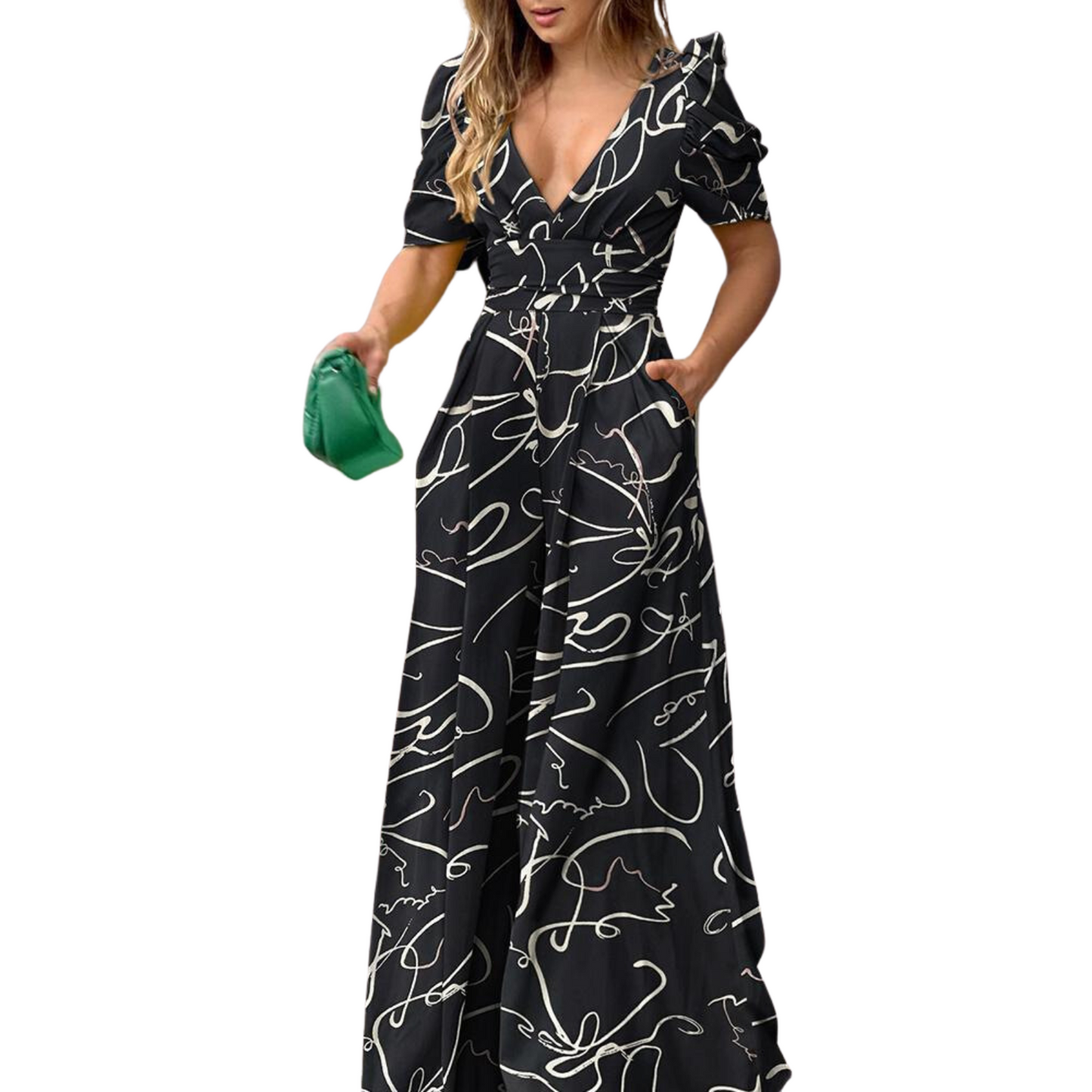 Women's Printed Deep V High Waist Wide Leg Jumpsuit