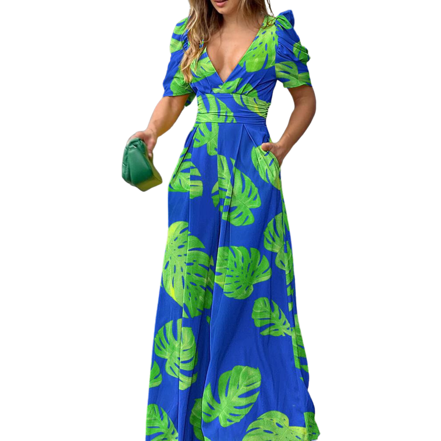 Women's Printed Deep V High Waist Wide Leg Jumpsuit