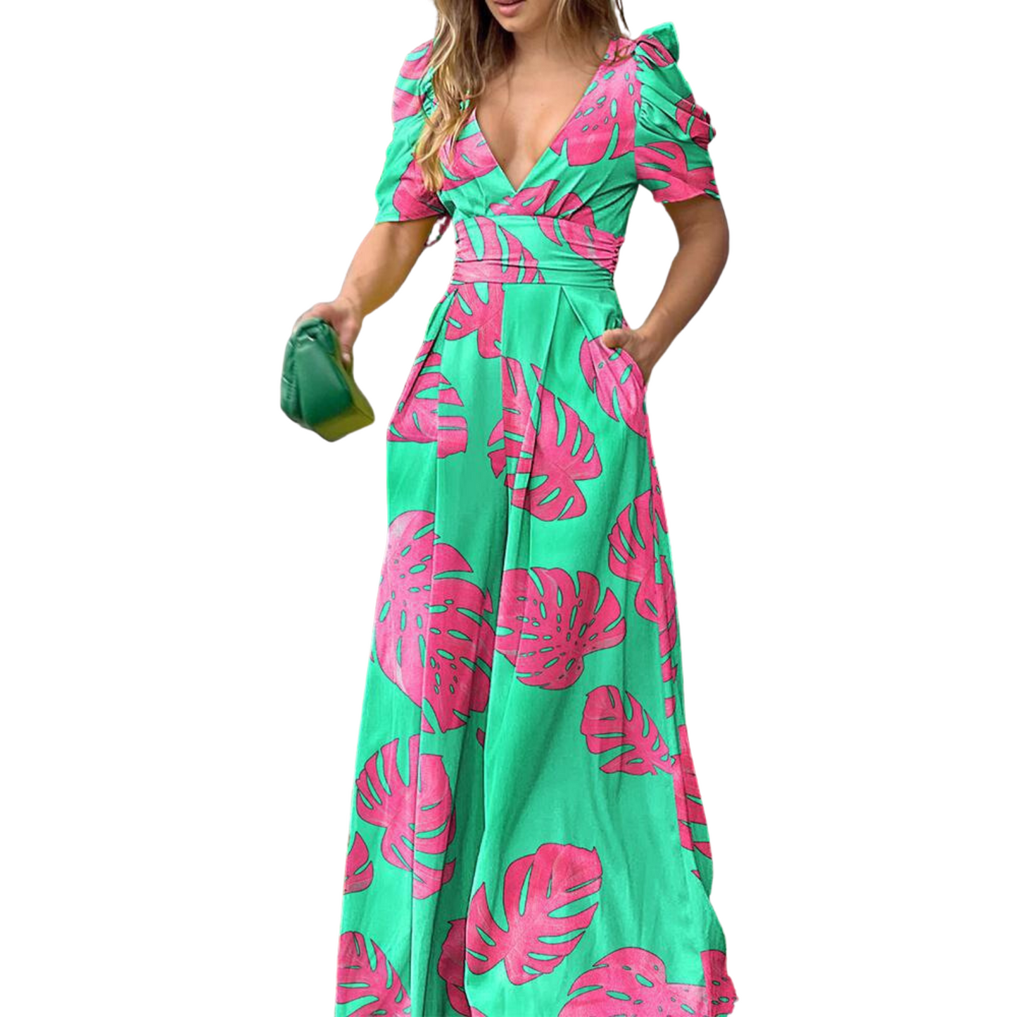 Women's Printed Deep V High Waist Wide Leg Jumpsuit