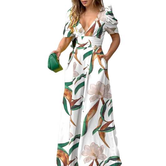 Women's Printed Deep V High Waist Wide Leg Jumpsuit