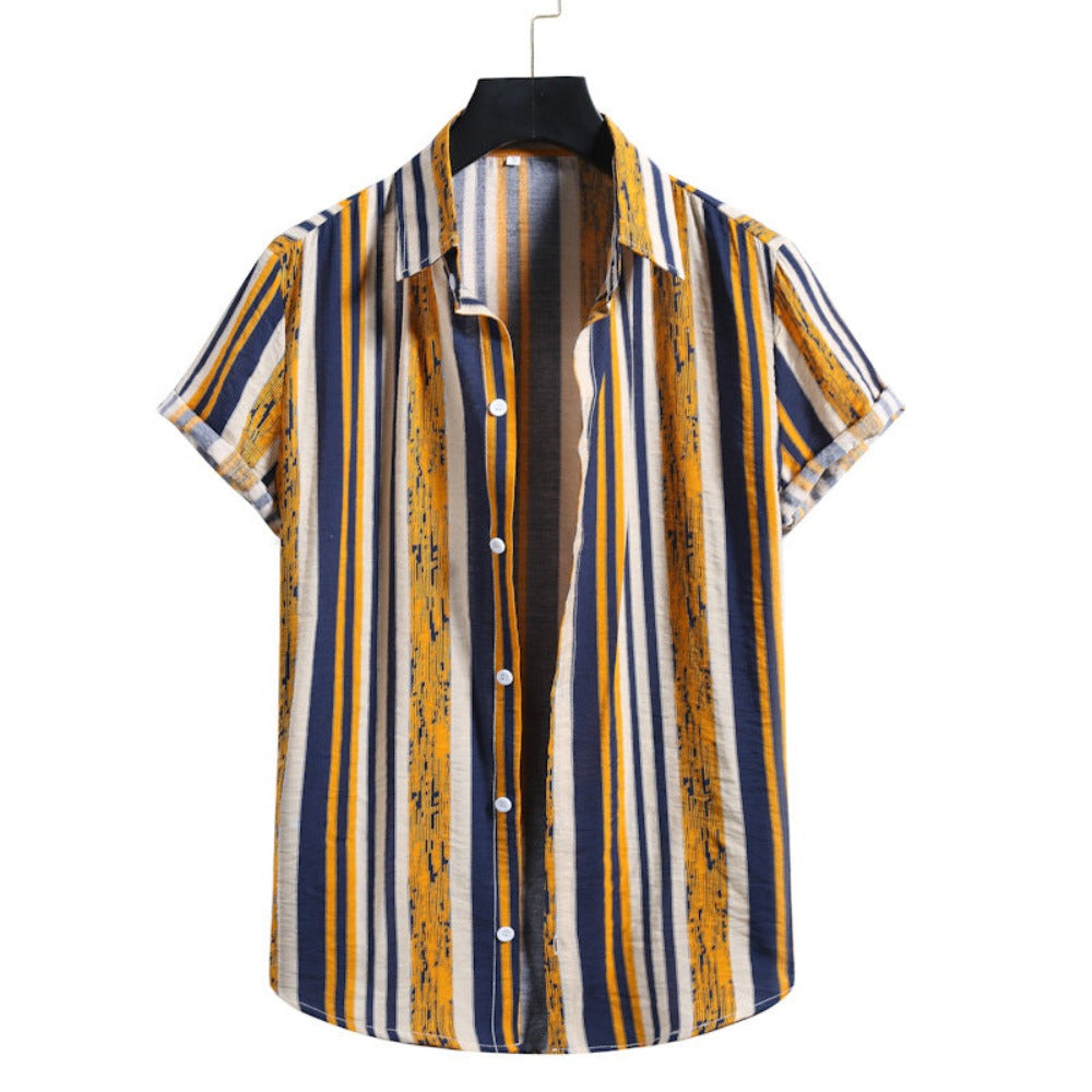 Men's Striped Colorful Short-sleeve Cotton Shirt