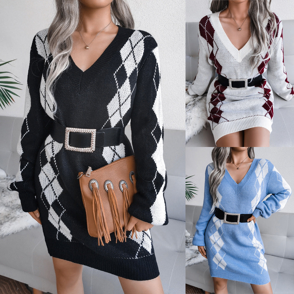 Wide Collar Diamond Sweater Dress