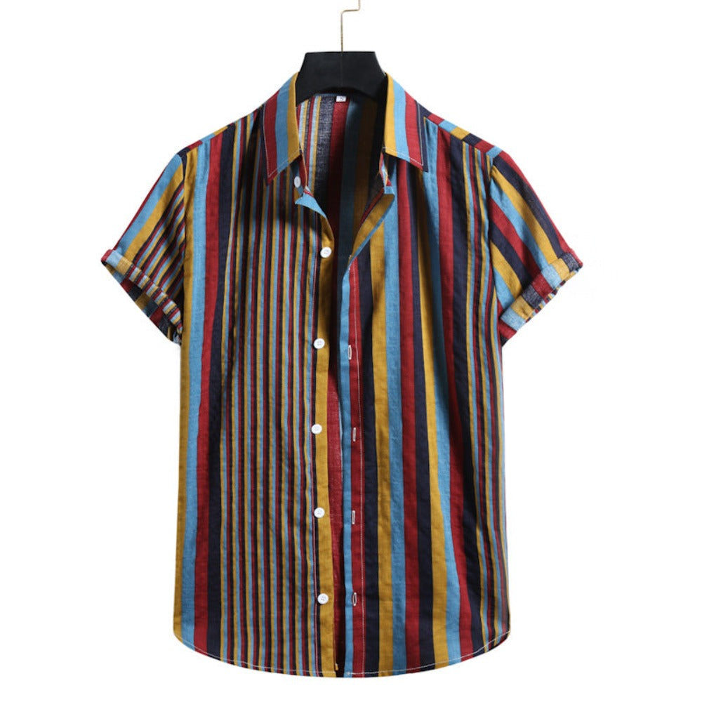 Men's Striped Colorful Short-sleeve Cotton Shirt