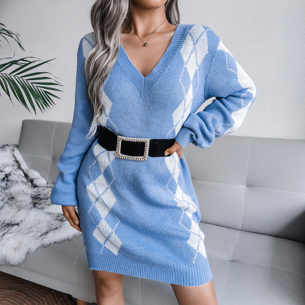 Wide Collar Diamond Sweater Dress