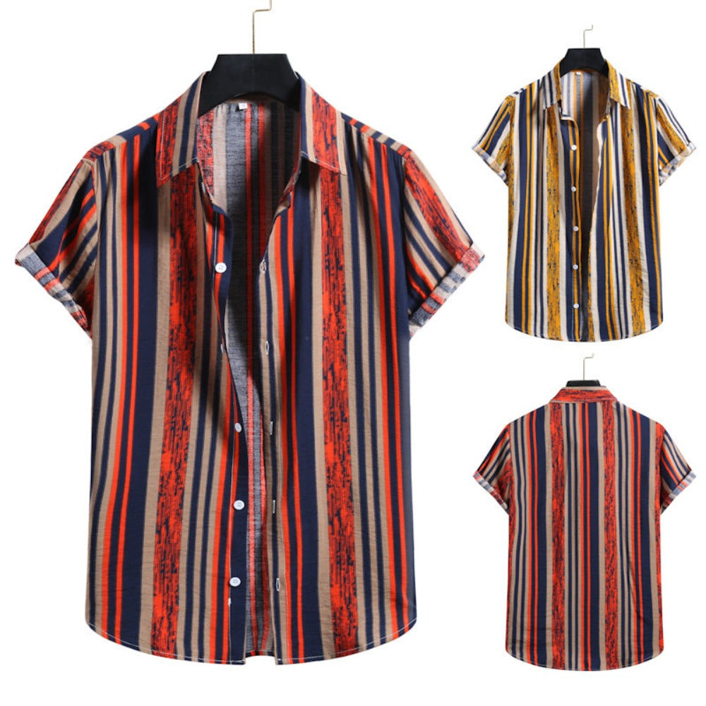 Men's Striped Colorful Short-sleeve Cotton Shirt